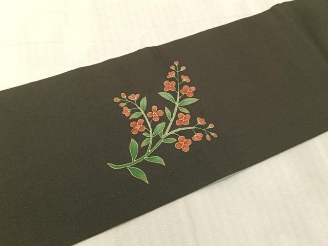 平和屋着物●九寸名古屋帯　草花文　黒地　金彩　正絹　逸品　CABJ7239vp