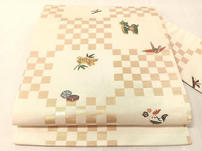 平和屋着物●九寸名古屋帯　市松玩具文　金糸　正絹　逸品　CABJ7244vp