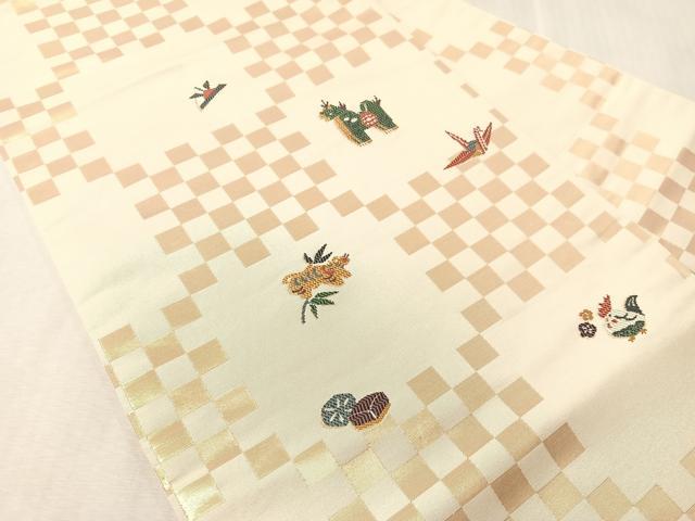 平和屋着物●九寸名古屋帯　市松玩具文　金糸　正絹　逸品　CABJ7244vp