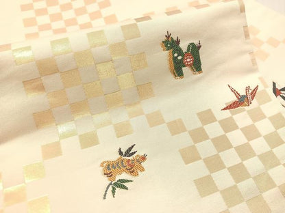 平和屋着物●九寸名古屋帯　市松玩具文　金糸　正絹　逸品　CABJ7244vp