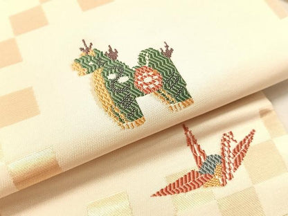 平和屋着物●九寸名古屋帯　市松玩具文　金糸　正絹　逸品　CABJ7244vp
