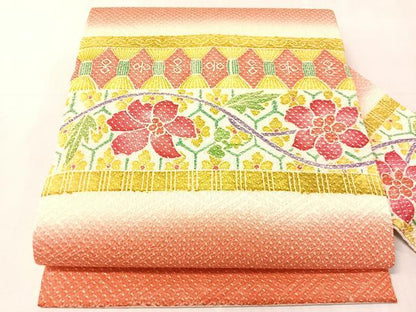 平和屋着物●名門　藤娘きぬたや・総絞り　九寸名古屋帯　横段花文　正絹　逸品　CABJ7246vp