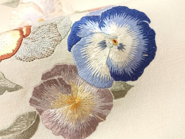 平和屋着物●九寸開き名古屋帯　総刺繍　舞花文　正絹　逸品　CABJ7250vp