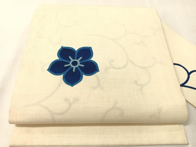平和屋着物●九寸名古屋帯　紬地　藍　型染め　舞花文　正絹　逸品　CABJ7255vp