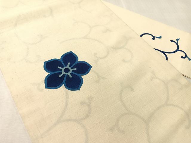 平和屋着物●九寸名古屋帯　紬地　藍　型染め　舞花文　正絹　逸品　CABJ7255vp