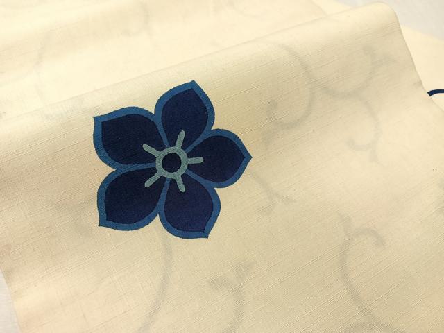 平和屋着物●九寸名古屋帯　紬地　藍　型染め　舞花文　正絹　逸品　CABJ7255vp