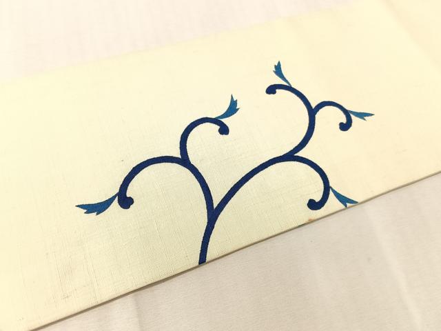 平和屋着物●九寸名古屋帯　紬地　藍　型染め　舞花文　正絹　逸品　CABJ7255vp