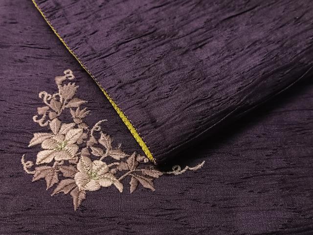 平和屋着物●両面　全通柄袋帯　ふくれ織　ワンポイント　草花文　深紫色　正絹　逸品　CABJ7256vp