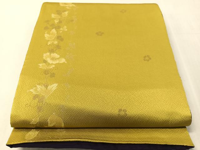 平和屋着物●両面　全通柄袋帯　ふくれ織　ワンポイント　草花文　深紫色　正絹　逸品　CABJ7256vp