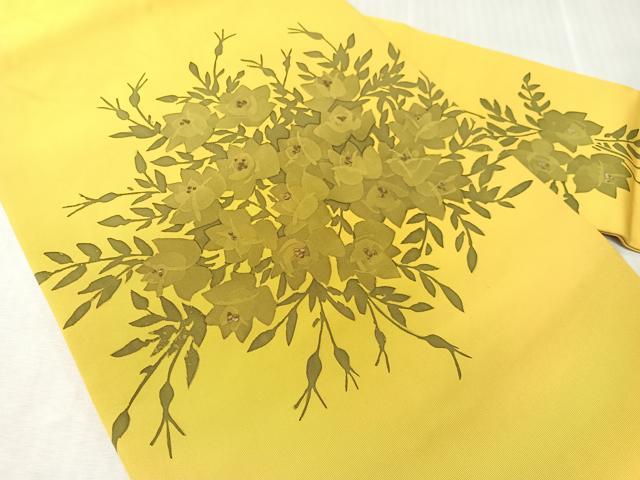 平和屋着物●塩瀬　九寸名古屋帯　ろうけつ染め　草花文　正絹　逸品　CABJ7264vp
