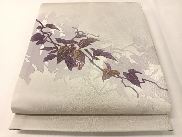 平和屋着物●両面　太鼓柄袋帯　枝木の実　銀通し地　正絹　逸品　CABJ7281vp