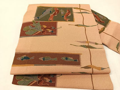 平和屋着物●全通柄　九寸名古屋帯　魚　成り物　金彩　鬼しぼ縮緬　正絹　逸品　CABJ7288vp