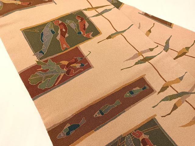 平和屋着物●全通柄　九寸名古屋帯　魚　成り物　金彩　鬼しぼ縮緬　正絹　逸品　CABJ7288vp