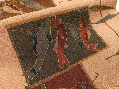平和屋着物●全通柄　九寸名古屋帯　魚　成り物　金彩　鬼しぼ縮緬　正絹　逸品　CABJ7288vp