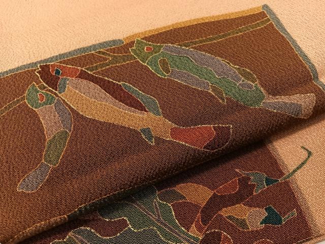 平和屋着物●全通柄　九寸名古屋帯　魚　成り物　金彩　鬼しぼ縮緬　正絹　逸品　CABJ7288vp