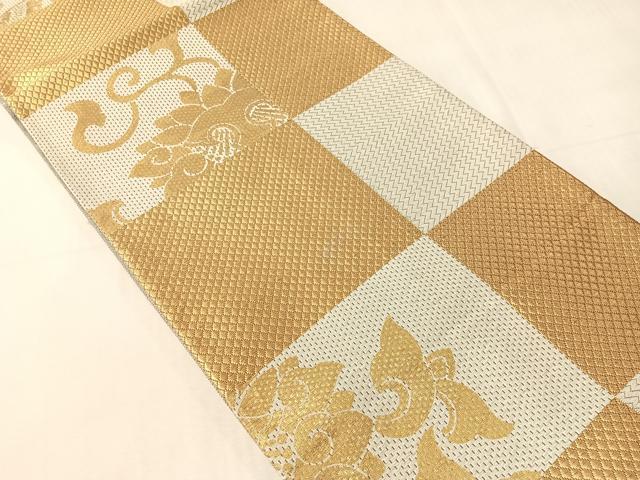 平和屋着物●全通柄袋帯　市松花蝶文　金彩　正絹　逸品　CABJ7289vp
