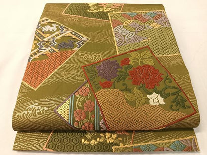 平和屋着物●六通柄袋帯　唐織　色紙花鳥文　金糸　正絹　逸品　CABJ7290vp