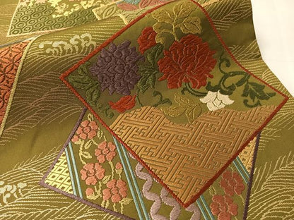 平和屋着物●六通柄袋帯　唐織　色紙花鳥文　金糸　正絹　逸品　CABJ7290vp