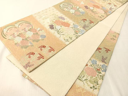 平和屋着物●六通柄袋帯　唐織　砂金綴　横段花丸文　金糸　正絹　逸品　CABJ7296vp