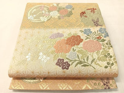 平和屋着物●六通柄袋帯　唐織　砂金綴　横段花丸文　金糸　正絹　逸品　CABJ7296vp