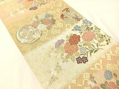 平和屋着物●六通柄袋帯　唐織　砂金綴　横段花丸文　金糸　正絹　逸品　CABJ7296vp