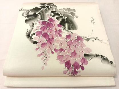 平和屋着物●塩瀬　九寸開き名古屋帯　手描き　藤花房　正絹　逸品　CABJ7299vp