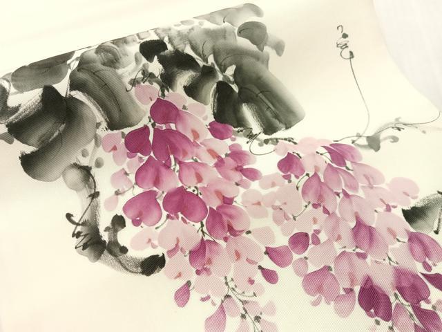 平和屋着物●塩瀬　九寸開き名古屋帯　手描き　藤花房　正絹　逸品　CABJ7299vp