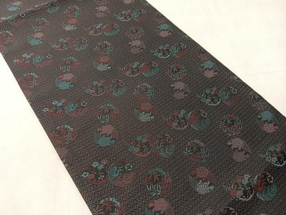 平和屋着物●全通柄　九寸開き名古屋帯　蓑亀　花鳥丸文　京都きもの友禅扱い　正絹　逸品　未使用　CABJ7307vp