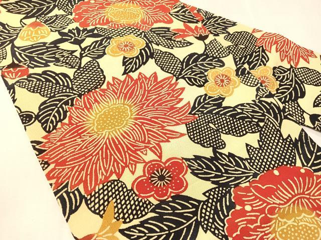 平和屋着物●全通柄　九寸名古屋帯　型染め　草花文　鬼しぼ縮緬　正絹　逸品　CABJ7325vp