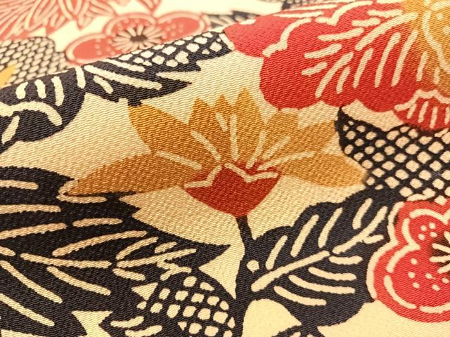 平和屋着物●全通柄　九寸名古屋帯　型染め　草花文　鬼しぼ縮緬　正絹　逸品　CABJ7325vp
