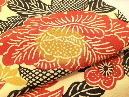 平和屋着物●全通柄　九寸名古屋帯　型染め　草花文　鬼しぼ縮緬　正絹　逸品　CABJ7325vp