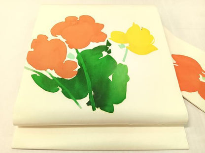 平和屋着物●塩瀬　九寸名古屋帯　ろうけつ染め　草花文　正絹　逸品　CABJ7329vp