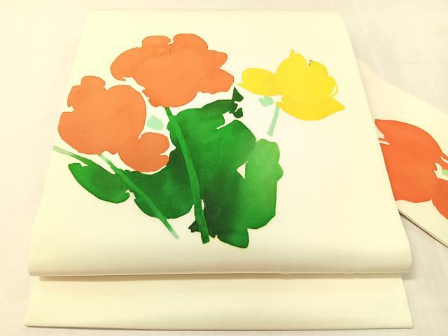 平和屋着物●塩瀬　九寸名古屋帯　ろうけつ染め　草花文　正絹　逸品　CABJ7329vp