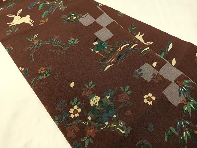平和屋着物●全通柄　九寸名古屋帯　型染め　日本昔話　うさぎとかめ　一寸法師　花咲かじいさん　鬼しぼ縮緬　正絹　逸品　CABJ7333vp