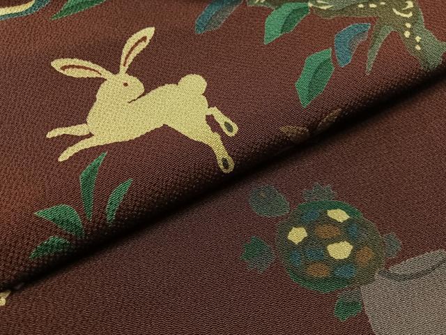 平和屋着物●全通柄　九寸名古屋帯　型染め　日本昔話　うさぎとかめ　一寸法師　花咲かじいさん　鬼しぼ縮緬　正絹　逸品　CABJ7333vp