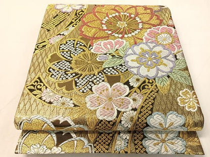 平和屋着物●六通柄袋帯　唐織　熨斗舞桜　金糸　正絹　逸品　CABJ7334vp