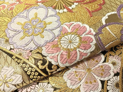 平和屋着物●六通柄袋帯　唐織　熨斗舞桜　金糸　正絹　逸品　CABJ7334vp