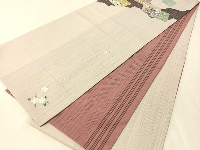 平和屋着物●両面　太鼓柄京袋帯　作家物　紬地　色紙花文　金彩　正絹　逸品　未使用　CABJ7336vp
