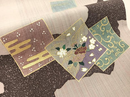 平和屋着物●両面　太鼓柄京袋帯　作家物　紬地　色紙花文　金彩　正絹　逸品　未使用　CABJ7336vp
