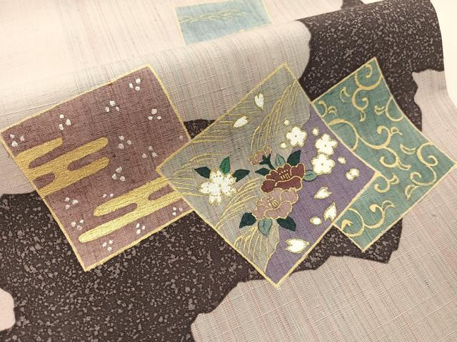 平和屋着物●両面　太鼓柄京袋帯　作家物　紬地　色紙花文　金彩　正絹　逸品　未使用　CABJ7336vp