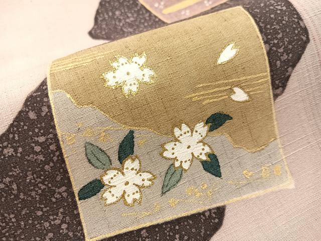 平和屋着物●両面　太鼓柄京袋帯　作家物　紬地　色紙花文　金彩　正絹　逸品　未使用　CABJ7336vp