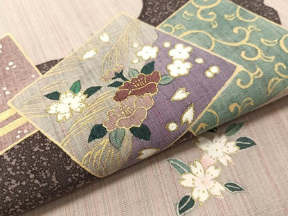平和屋着物●両面　太鼓柄京袋帯　作家物　紬地　色紙花文　金彩　正絹　逸品　未使用　CABJ7336vp