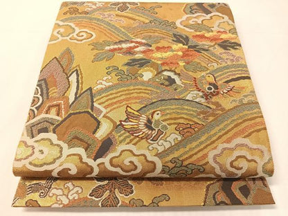 平和屋着物●六通柄袋帯　立波花鳥文　金彩　正絹　逸品　未使用　CABJ7337vp