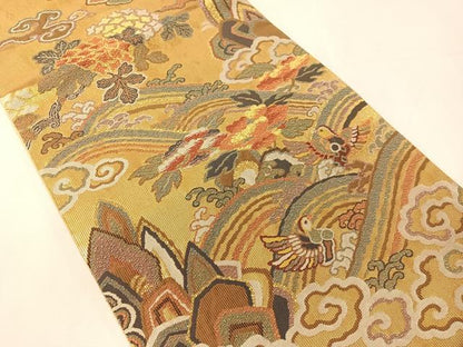 平和屋着物●六通柄袋帯　立波花鳥文　金彩　正絹　逸品　未使用　CABJ7337vp