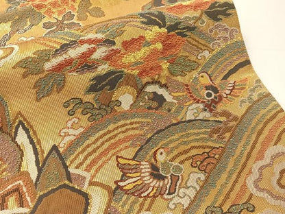 平和屋着物●六通柄袋帯　立波花鳥文　金彩　正絹　逸品　未使用　CABJ7337vp