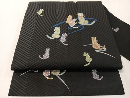 平和屋着物●九寸名古屋帯　猫　黒地　正絹　逸品　CABJ7343vp