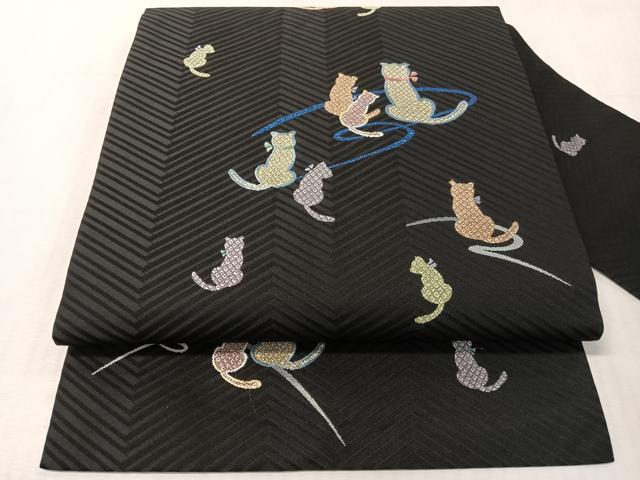 平和屋着物●九寸名古屋帯　猫　黒地　正絹　逸品　CABJ7343vp