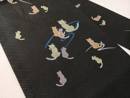 平和屋着物●九寸名古屋帯　猫　黒地　正絹　逸品　CABJ7343vp