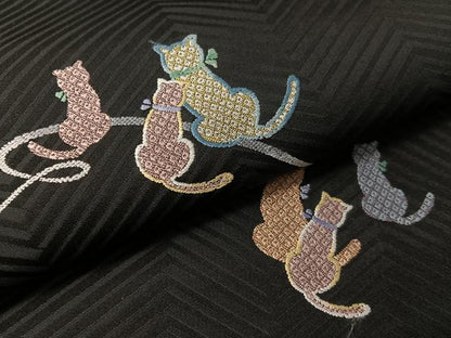 平和屋着物●九寸名古屋帯　猫　黒地　正絹　逸品　CABJ7343vp