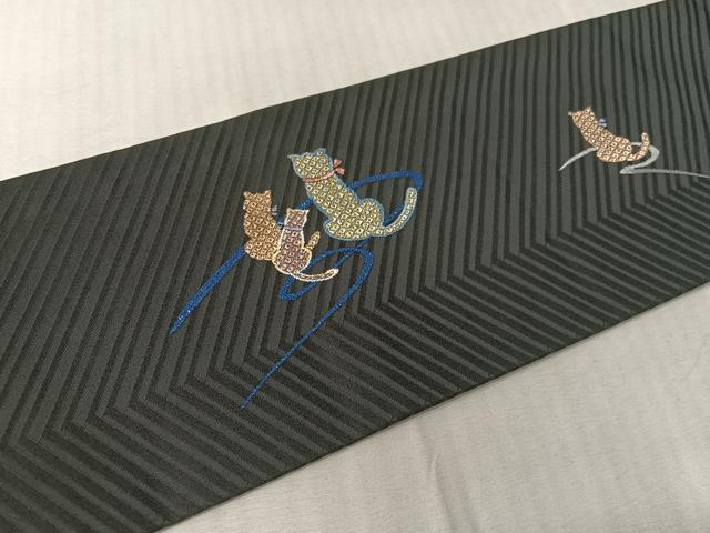 平和屋着物●九寸名古屋帯　猫　黒地　正絹　逸品　CABJ7343vp